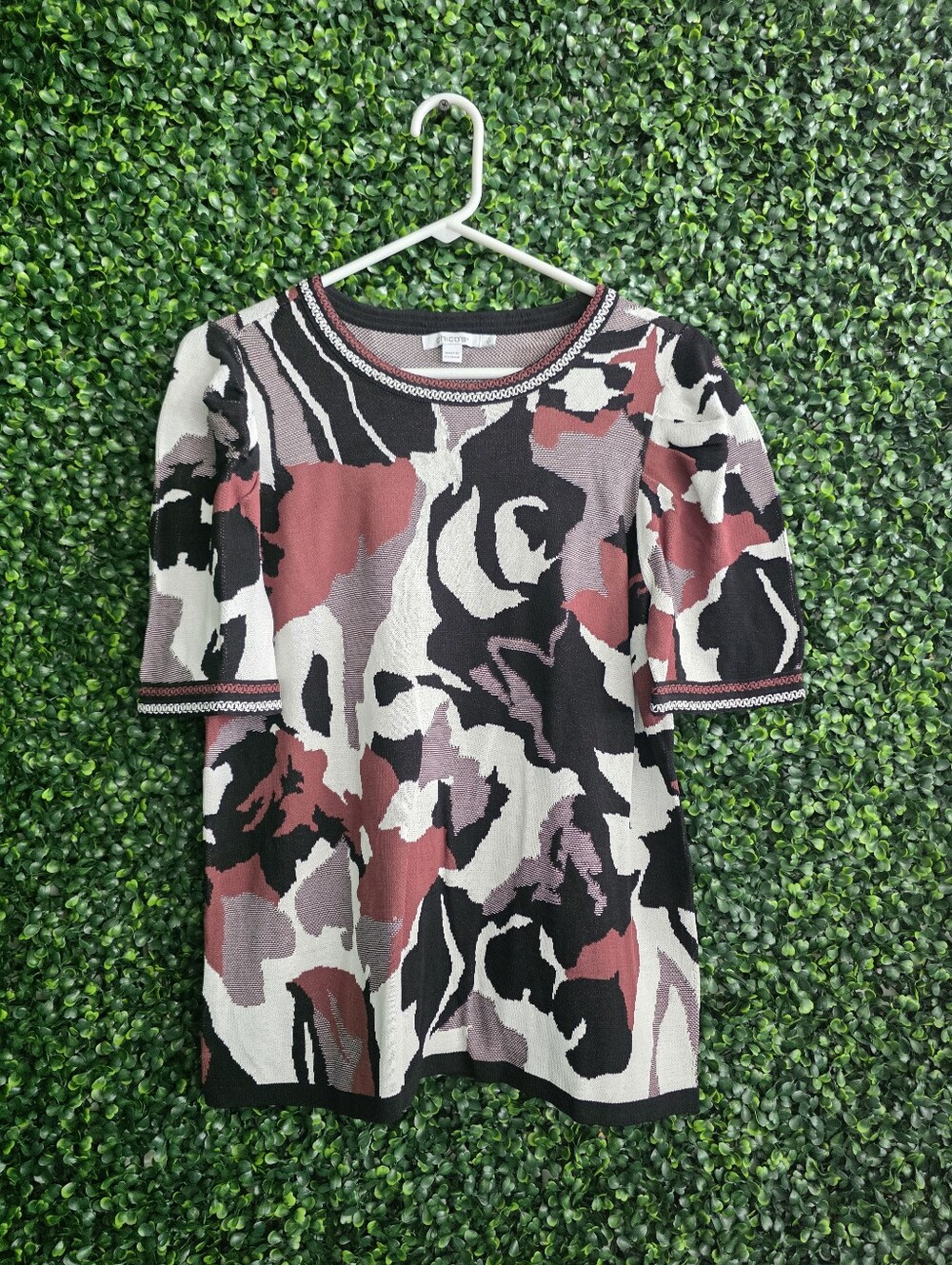 Chico's Women's Multicolor Abstract Short-Sleeve Knit Top Size M